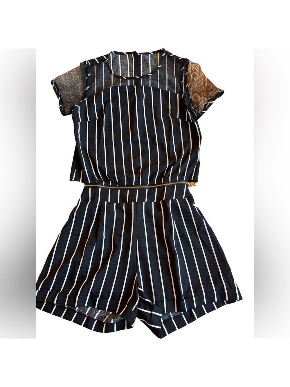Striped Black and White Short Chiffon Sleeve Romper Medium